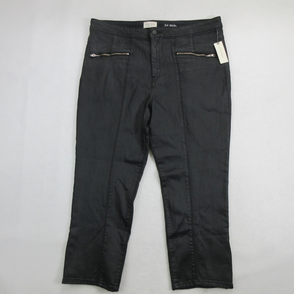 Pilcro Women's Jeans Size 34 Ankle High Rise Black Coated Zip Pocket New